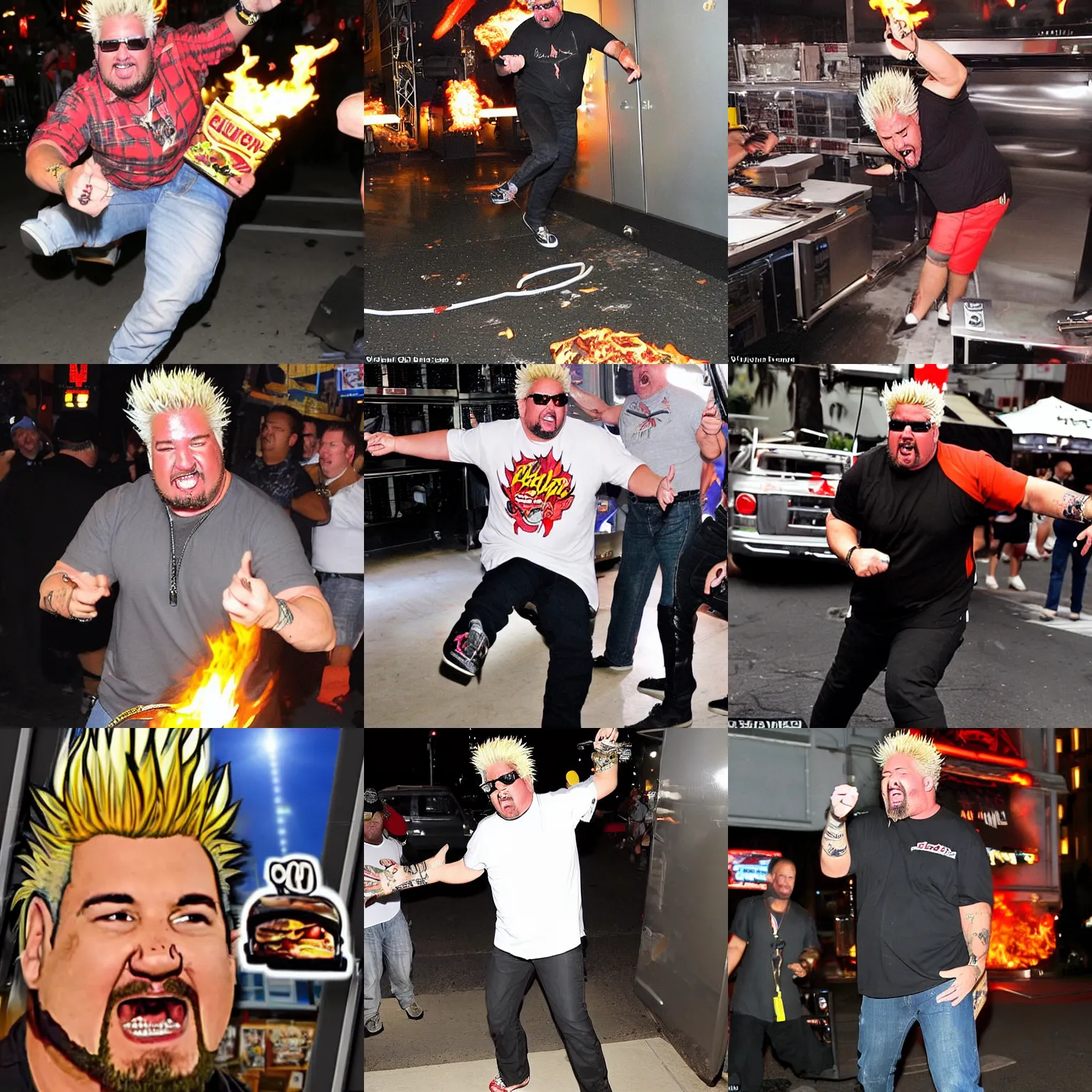 Prompt: Guy Fieri kicking over a server tower in a fit of rage, paparazzi photo, TMZ, picture, photography, candid