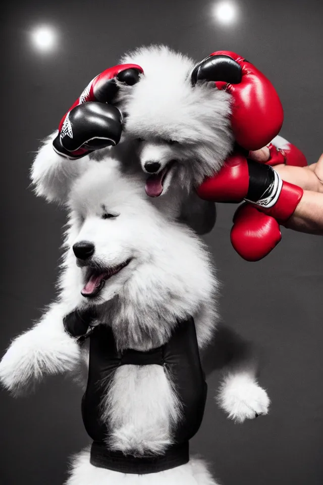 Prompt: samoyed dog head on a human body as a muay thai kickboxer, gloves on hands, cinematic lighting, film still