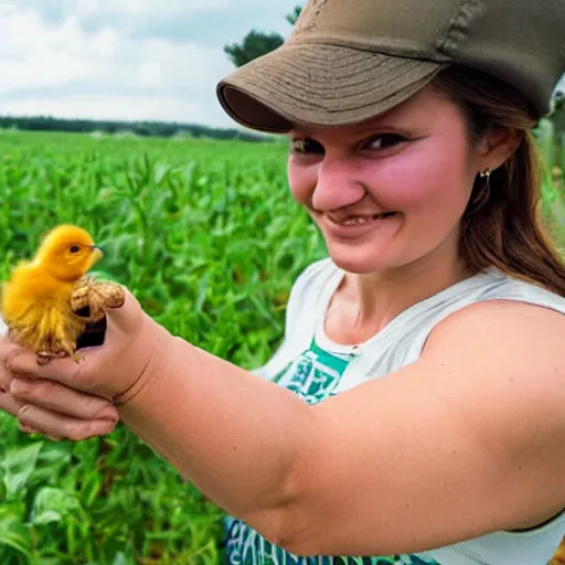 Image similar to A proud young woman in a farm holding up a baby chick extremely close to the camera, almost touching the lens. photograph extremely close wide-angle lens