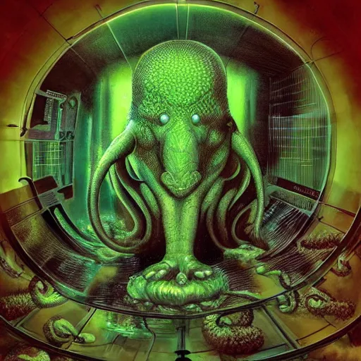 Image similar to scientists watching a clone of cthulhu in culture capsule, bio chemical illustration, hyperealistic, detailed photography, divinity, awful, religious art, sci - fi, green light