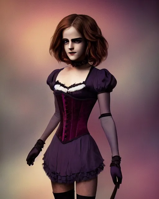 Prompt: full shot portrait painting of very beautiful emma watson standing as black violet maiden in stockings corset noir streets, character design by mark ryden and pixar and hayao miyazaki, unreal 5, daz, hyperrealistic, octane render, cosplay, rpg portrait, dynamic lighting, intricate detail, cinematic