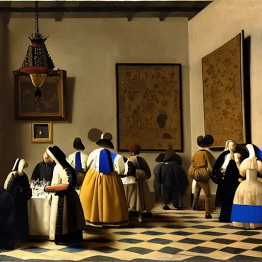 Prompt: a large wedding reception, lots of people, illustrated by johannes vermeer