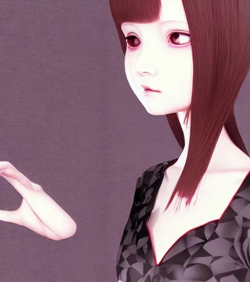 Prompt: girl with morbid thoughts wearing a black spring dress with short brown hair, queen of sharp needles and under the effect of psychosis, by Range Murata, Katsuhiro Otomo, Yoshitaka Amano, and Moebius. 3D effect.