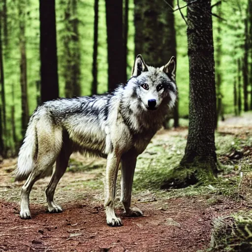 Prompt: were - creature consisting of a wolf and a human, photograph captured in a forest