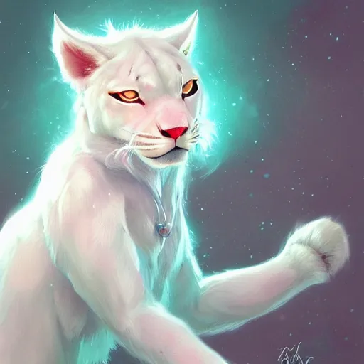 Image similar to aesthetic portrait commission of a albino male furry anthro Liger wearing a cute mint colored cozy soft pastel winter outfit, winter Atmosphere. Character design by charlie bowater, ross tran, artgerm, and makoto shinkai, detailed, inked, western comic book art, 2021 award winning painting