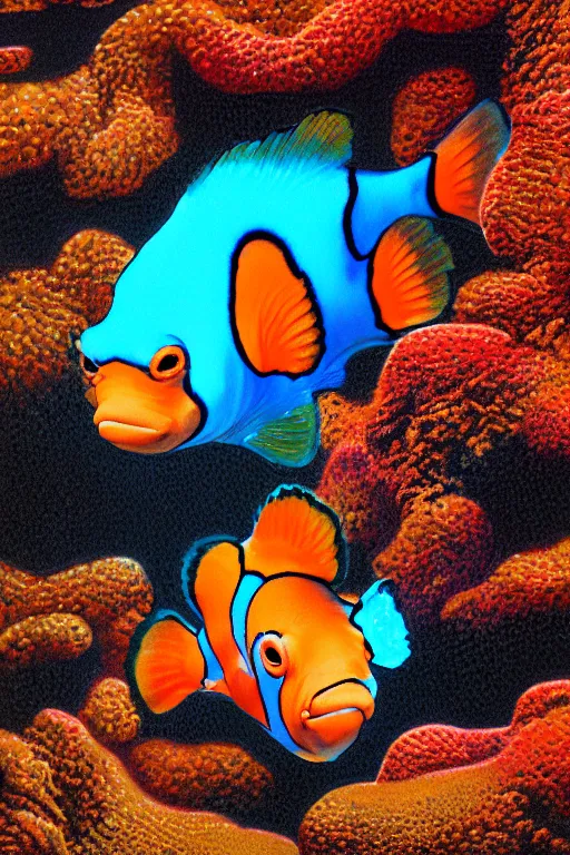 Image similar to oldbio rainforest clownfish, painted by richard corben and wayne reynolds and bob eggleton and sid check, trending on artstation, volumetric lighting top view movie poster, crayon art, crayon art, naturalism, idealism