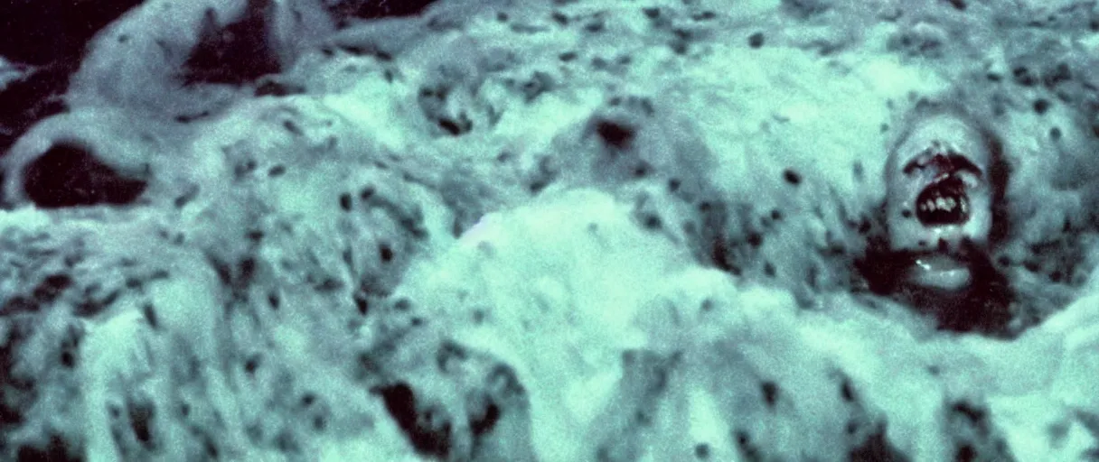 Image similar to filmic extreme close up shot movie still 4 k uhd exterior shot 3 5 mm film color photograph of a terrifying crowd of people being attacked by other people with tentacles and blood faces around mcmurdo station in antarctica at night with the northern lights lighting up the sky, only color images, in the style of the horror film the thing 1 9 8 2