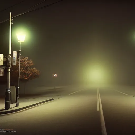 Prompt: A stunningly beautiful award-winning 8K high angle cinematic movie photograph of a dark foggy main intersection in an abandoned 1950s small town at night, by Edward Hopper and David Fincher and Darius Khonji, cinematic lighting, perfect composition, moody low key volumetric light. Color palette from Seven, greens yellows and reds. 2 point perspective, high angle from 15 feet off the ground. Octane render, cgsociety