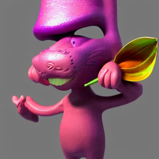 Prompt: 3 d render, highly detailed, purple ancient antler deity, yellow rat pig, holding a red orchid, laughing, brightly lit pink room