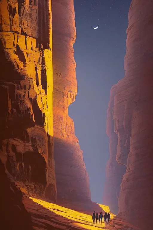 Image similar to monks walking through canyon to ancient yellow glowing temple, city of petra, light streaks in the sky, moon, dramatic lighting, artstation, matte painting, ralph mcquarrie, simon stalenhag