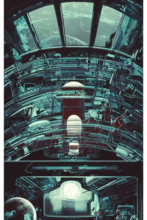 Image similar to Inside a room alien spaceship with large window that provide a scenic view of a huge planet can be seen in the background, Highly detailed labeled, poster, aesthetic, haeccety by Feng Zhu and Loish and Laurie Greasley