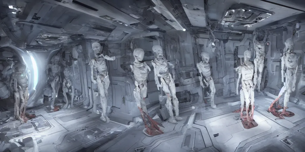 Image similar to dead space necromorph mannequins in a space ship, cinematic still, cinematic lighting, dark palette, realistic, 4 k.