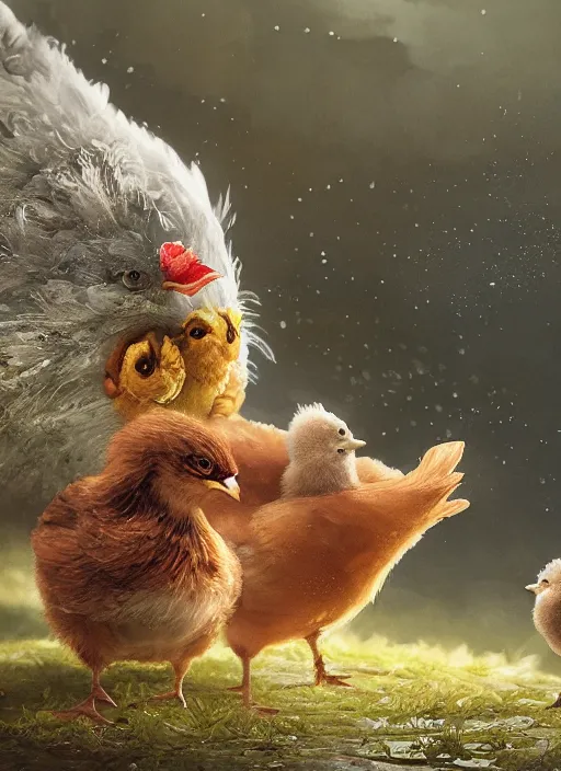 Image similar to a cute hen fostering two chicks in an adventure movie by nuri iyem, james gurney, james jean, greg rutkowski, anato finnstark. pixar. hyper detailed, 5 0 mm, award winning photography