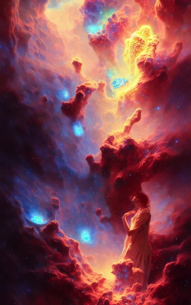 Image similar to psychedelic transcendent puffs of smoke explosion, supernova, nebulae, pillars of creation, enlightenment, high contrast lighting, highly detailed, concept art, art by collier, albert aublet, krenz cushart, artem demura, alphonse mucha