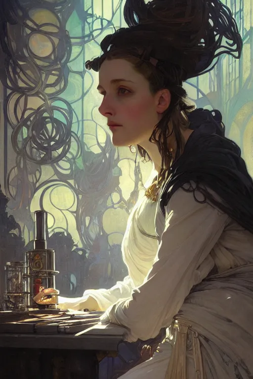 Image similar to portrait of an alchemist in a magic laboratory, by greg rutkowski and alphonse mucha, d & d character, gradient black to silver, medevial interior background, highly detailed portrait, digital painting, artstation, concept art, smooth, sharp focus ilustration, artstation hq