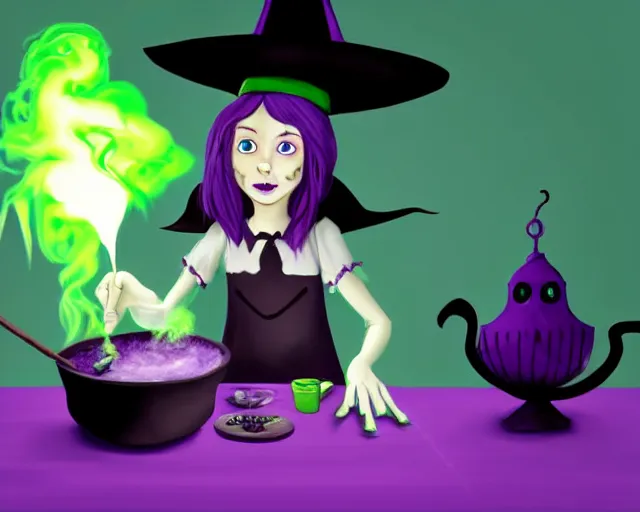 Prompt: close up portrait, spooky teen witch mixing a spell in a cauldron, a cat is on the table, wispy green and purple smoke fills the air, a witch hat, cinematic, green glowing smoke is coming out of the cauldron, strange ingredients on the table, strange apothecary shelves in the background, scary stories to tell in the dark