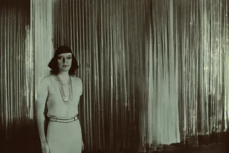 Prompt: backlit photograph of young woman, standing in front of powerful dazzling orgone accumulator in 1 9 3 0's suburban living room, crisp focus, highly detailed, in roger deakins style, 3 5 mm ektachrome, ultra sharp