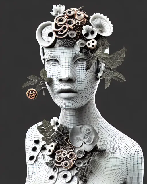 Image similar to monochrome 3 d model, 1 9 3 0 picture, floral steampunk biomechanical beautiful young female cyborg with porcelain profile face and a techno eye, volumetric light, leaves foliage and stems, hibiscus flowers, boho vines, sinuous fine roots, fine foliage lace, alexander mcqueen, rim light, big gothic fashion pearl embroidered collar, octane render, 8 k