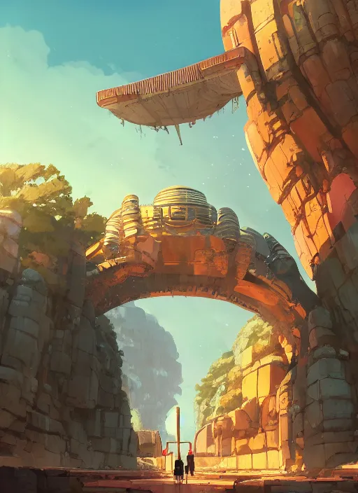 Image similar to warm canyon with giant gate entrance, nuclear powered, detailed, futuristic, cory loftis, james gilleard, atey ghailan, makoto shinkai, goro fujita, studio ghibli, rim light, exquisite lighting, clear focus, very coherent, plain background