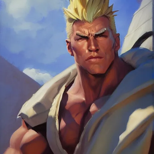 Image similar to greg manchess portrait painting of guile from street fighter as overwatch character, medium shot, asymmetrical, profile picture, organic painting, sunny day, matte painting, bold shapes, hard edges, street art, trending on artstation, by huang guangjian and gil elvgren and gerald brom