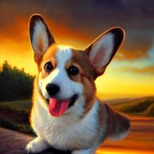 Prompt: a corgi with wings, flapping its wings flying in sunset sky, oil on canvas, portrait, intricate, 8k highly professionally detailed, HDR, CGsociety
