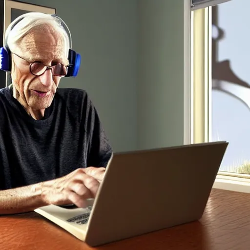 Image similar to A colored colorized real screenshot of Jerma985 as an elderly guy streaming on his computer while wearing headphones, taken in the early 2020s, taken on a 2010s Camera, realistic, hyperrealistic, very realistic, very very realistic, highly detailed, very detailed, extremely detailed, detailed, digital art, trending on artstation, headshot and bodyshot, detailed face, very detailed face, very detailed face, real, real world, in real life, realism, HD Quality, 8k resolution, intricate details, colorized photograph, colorized photon, body and headshot, body and head in view