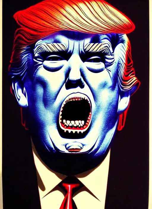 Image similar to donald trump's grotesque true form revealed, horror, high details, intricate details, by vincent di fate, artgerm julie bell beeple, 1 9 8 0 s, inking, vintage 8 0 s print, screen print