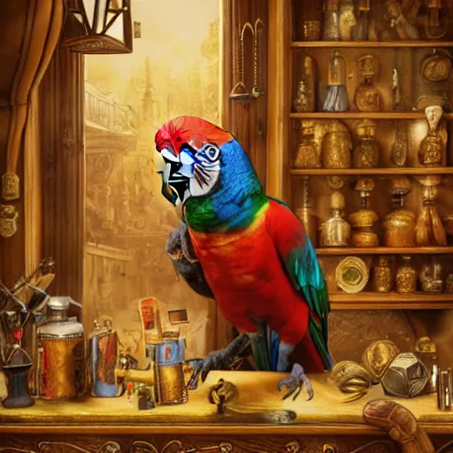 Image similar to A Anthropomorphized parrot trader in his shop, selling his wares, portrait, items, gold, carpet, window, sly expression, cunning expression, presenting wares, holding a gold bag, D&D, fantasy, intricate, cinematic lighting, highly detailed, digital painting, artstation, concept art, smooth, sharp focus, illustration, warm light, magic the gathering artwork, art by Akihiko Yoshida, Greg Rutkowski