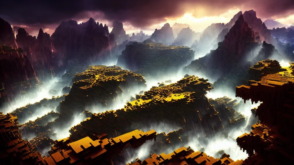 Image similar to amazing landscape photo of minecraft by marc adamus, beautiful dramatic lighting