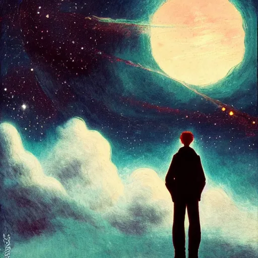 Image similar to a futuristic wanderer gazing into a universe full of mystical colorful light nebulae and galaxies in the style artstyle of caspar david friedrich, studio ghibli color scheme