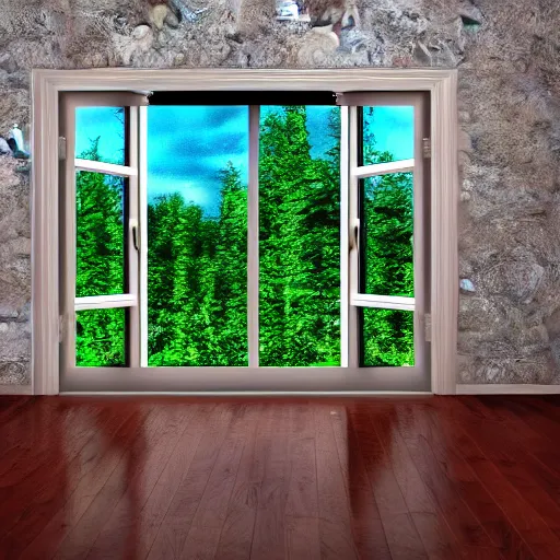 Image similar to photography, 3 d render, monster, window, wood floor