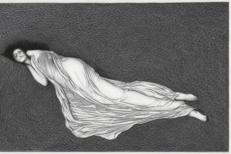 Prompt: black and white, young french woman sleeping in the flowfield, top view, Gustave Dore lithography