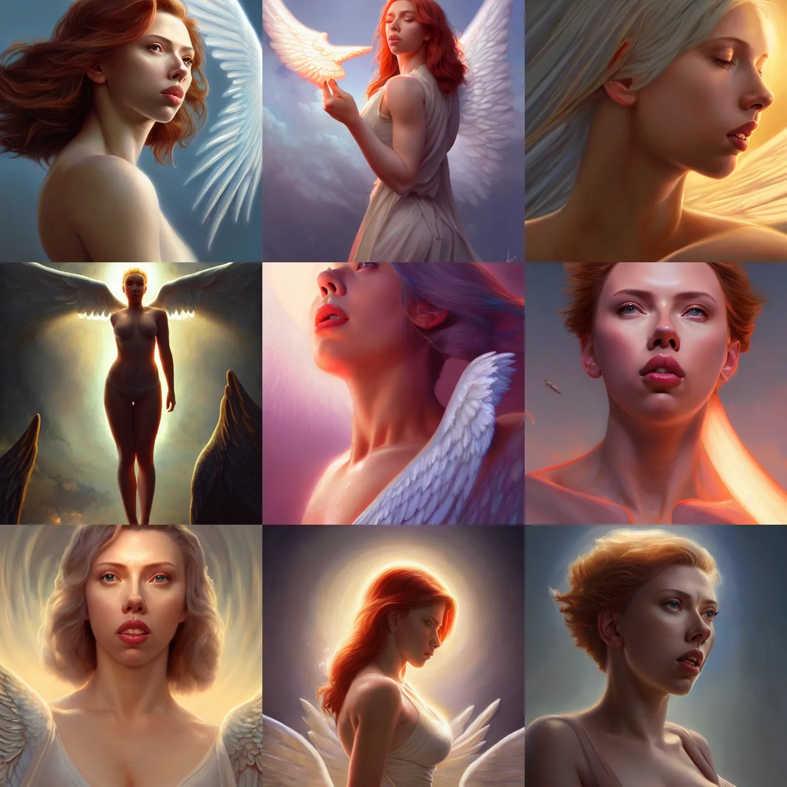 Prompt: scarlet johansson as a heavenly angel, anatomy, bathing in light, highly detailed, digital painting, artstation, concept art, smooth, sharp focus, illustration, unreal engine 5, 8 k, art by art by artgerm and greg rutkowski and edgar maxence