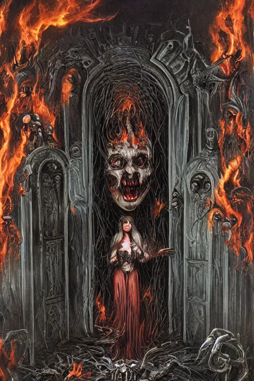 Prompt: Lost souls entering the gates of hell, fire, cheeky devil, eerie, sinister, horror, illustrated byAdrien Borda and H R Giger and Anne Stokes, 4k, 8k