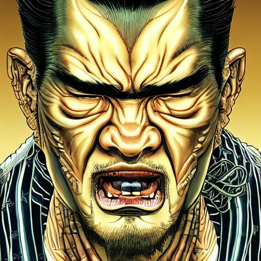 Image similar to portrait closeup of crazy yakuza man, symmetrical, by yoichi hatakenaka, masamune shirow, josan gonzales and dan mumford, ayami kojima, takato yamamoto, barclay shaw, karol bak, yukito kishiro