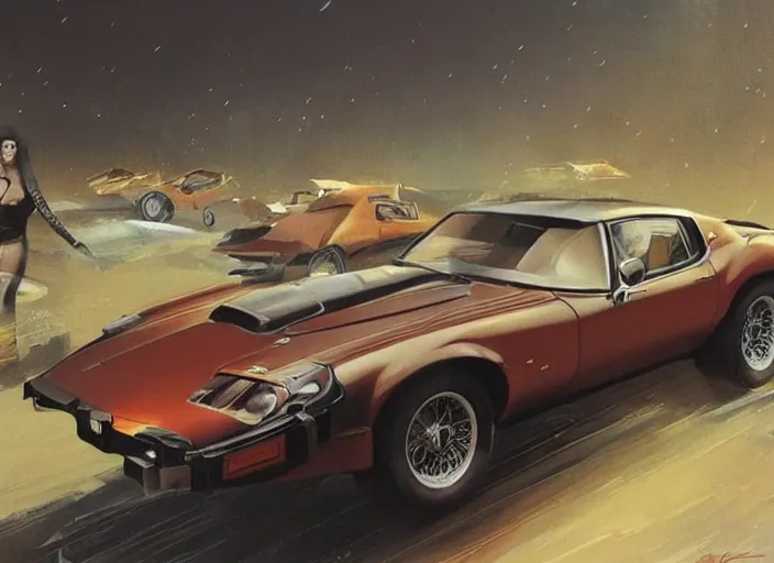 Image similar to ( ( ( ( ( 1 9 8 2 pontiac trans am, jaguar e - type, car concept art, sci - fi illustration, painting ) ) ) ) ) by vincent di fate and john berkey and blade runner 2 0 4 9!!!!!!!