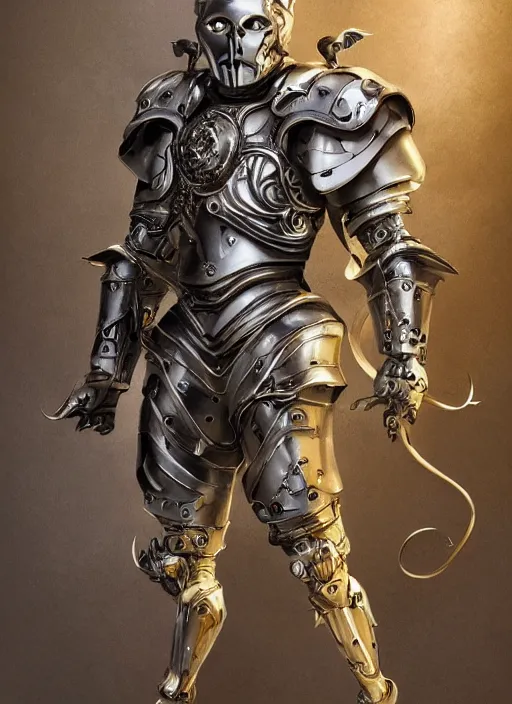 Image similar to powerful male tin man, willem dafoe as tinman, full body character concept, covered in full metal armor, art nouveau, super powers, fantasy, intricate, elegant, highly detailed, digital painting, artstation, concept art, shining, sharp focus, illustration, art by stanley lau