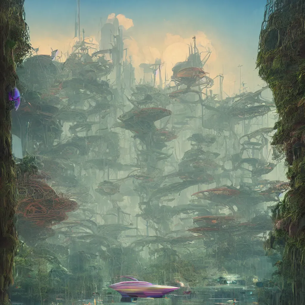 Prompt: tropical gdansk, science fiction, extremely detailed, sharp focus, pastel colors, intricate, hard light, illustration, volumetric lighting, digital painting, by roger dean, by santiago calatrava, by simon stalenhag