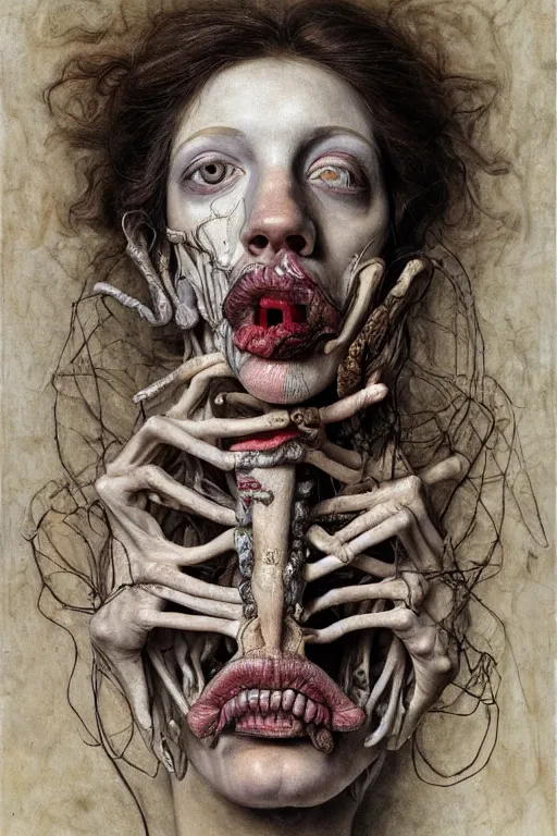 Image similar to Detailed maximalist portrait of a greek god with large lips and eyes, scared expression, botanical anatomy, skeletal with extra flesh, HD mixed media, 3D collage, highly detailed and intricate, surreal illustration in the style of Jenny Saville, dark art, baroque, centred in image