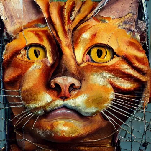 Image similar to close up of an orange tabby cat, front angle, by Lucian Freud and Jenny Saville and Anselm Kiefer, oil painting, rust, Scaffolding, rusted metal and sunflowers, iron cladding, decay, mixed media, textured, anatomically correct, beautiful perfect face, visible brushstrokes, sharp focus, Highly Detailed, Cinematic Lighting, 8k, HD