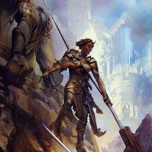 Prompt: simple clear Heroic Paladin Dsurion ascends the stairway to valhalla Hand Crafted By Rodin. Painting by greg rutkowski Donato Giancola Jeff Simpson norman rockwell stamp watercolor