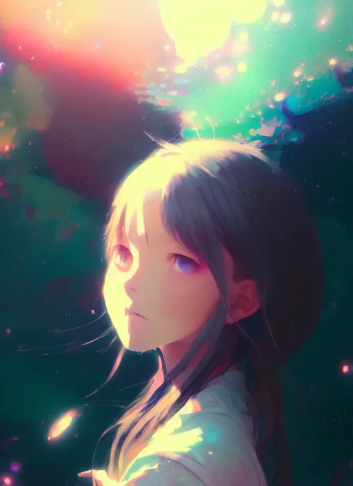 Image similar to portrait of cute girl, very psychedelic space background illustration concept art anime key visual trending pixiv fanbox by wlop and jeremy mann painting greg rutkowski and makoto shinkai and studio ghibli and kyoto animation