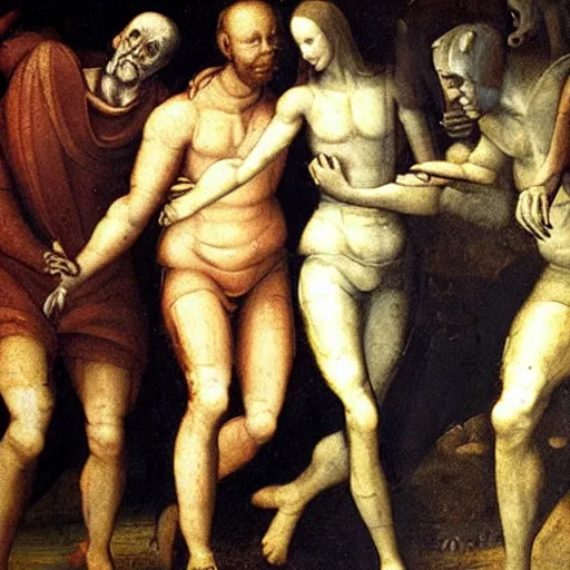 Image similar to alien walking between people, Renaissance painting style