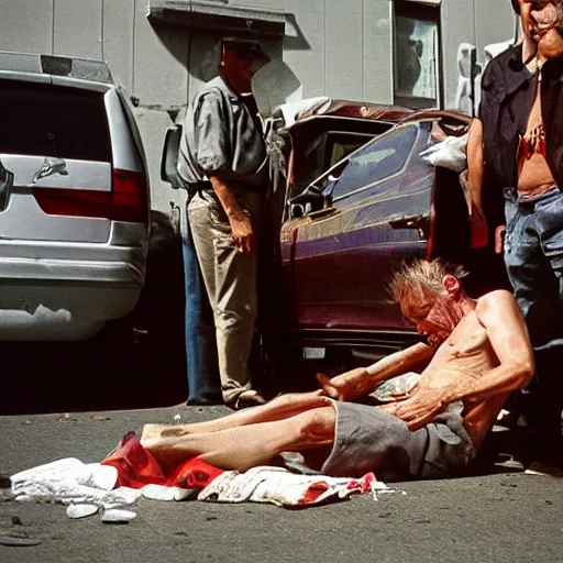 Prompt: Emaciated Donald Trump unconscious on skid row open air drug market overdose, 35mm, outdoors, kodachrome