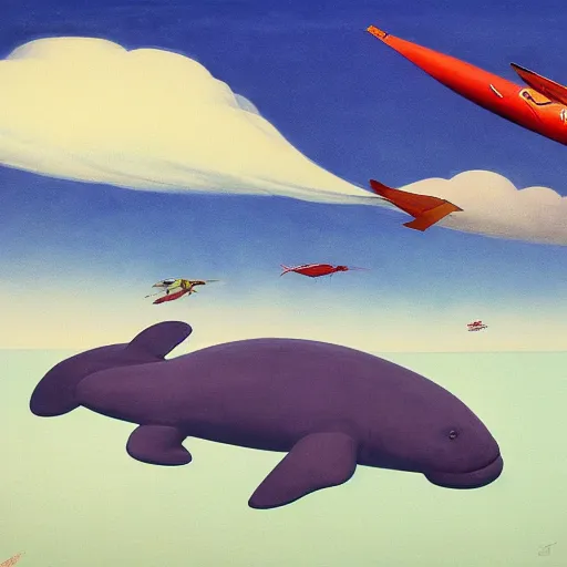 Prompt: Giant manatees fly through the air, as a tornado approaches, by Takashi Murakami, Edward Hopper, Bo Bartlett, and Cynthia Sheppard, Artstation