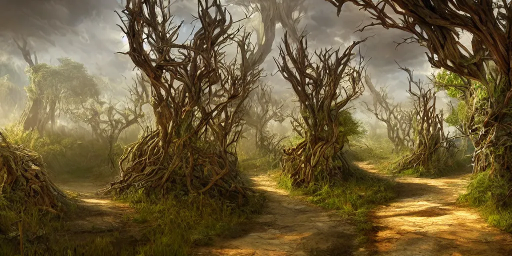 Prompt: A narrow dirt path through giant twisting briars and thorns, game art matte painting hyperdetailed, artstation, cgsociety, 8k, surreal dream landscape