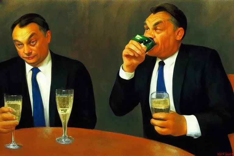 Image similar to viktor orban drinking champagne, highly detailed face by edward hopper