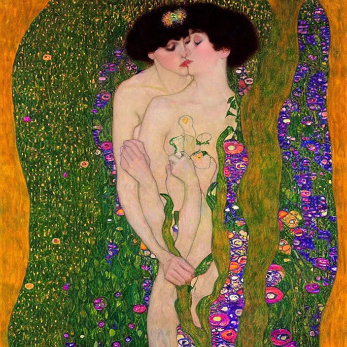 Image similar to a beautiful ethereal goddess entwined in ivy, a luminescent ray of light, shimmering and prismatic, gustav klimt style