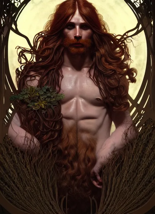 Image similar to portrait of demigod hercules, long wavy auburn hair, wild boar hide, glowing eyes, volumetric lights, forest, art nouveau botanicals, gothic, intricate, highly detailed, digital painting, artstation, concept art, smooth, sharp focus, symmetric face, illustration, steampunk, art by artgerm and greg rutkowski and alphonse mucha