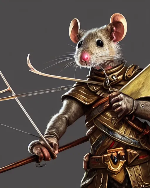 Image similar to closeup 2 8 mm anthropomorphic archer rat using a crossbow in a castle, d & d, fantasy, intricate, action pose, particle effects, highly detailed, digital painting, artstation, concept art, matte, sharp focus, volumetric lighting, illustration, hearthstone, art by artgerm, wlop, craig mullins, alphonse mucha